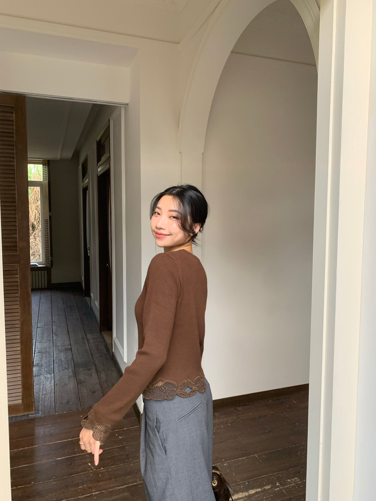 Lace-Trim Tie-Front Knit Top — Brown