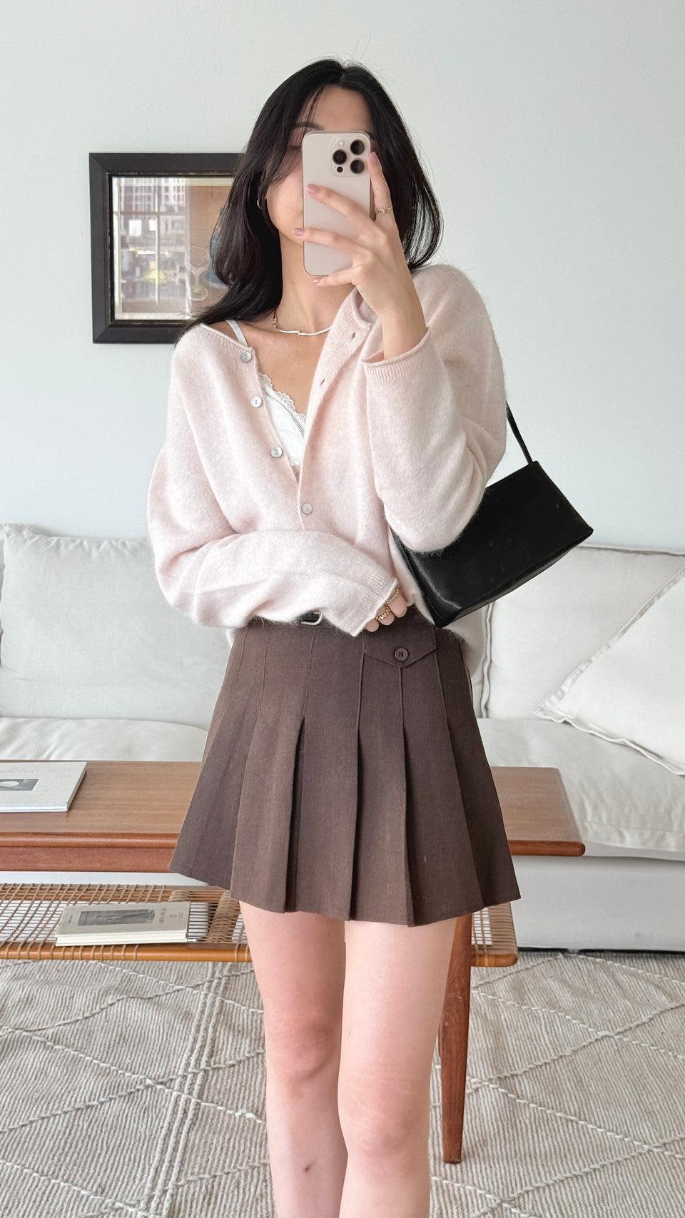 Pink Soft Halo Cashmere Cardigan styled with Dark brown / S Everyday Belted Skort