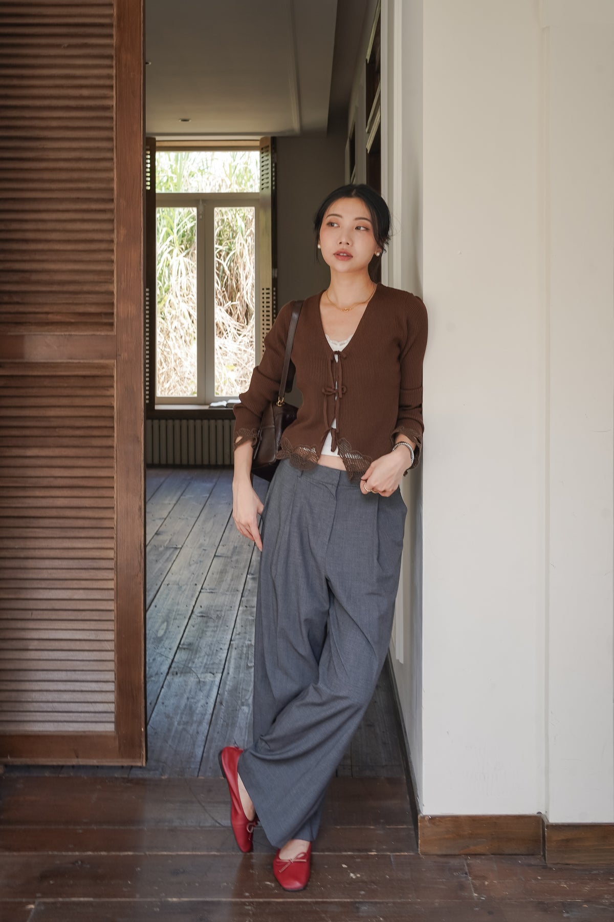 Lace-Trim Tie-Front Knit Top — Brown