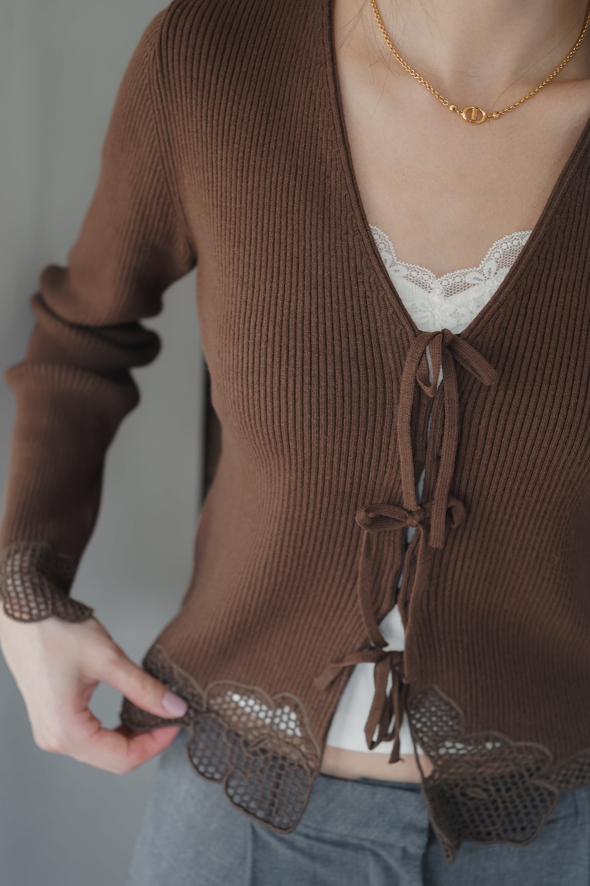 Lace-Trim Tie-Front Knit Top — Brown