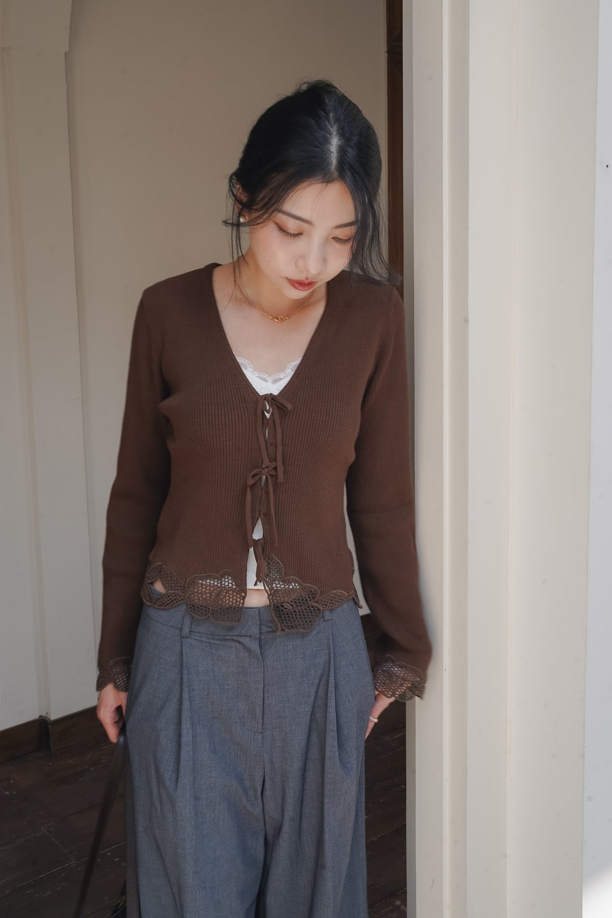 Lace-Trim Tie-Front Knit Top — Brown