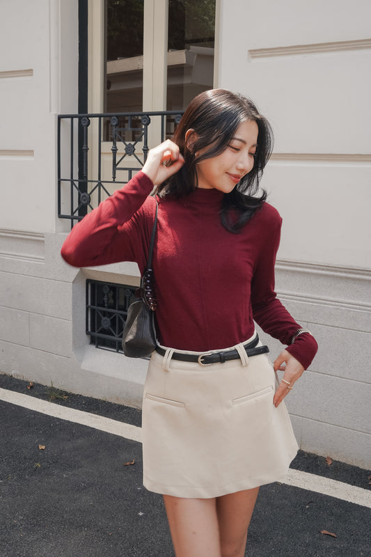 Burgundy Muse High-Neck Top, new version without waist ties, front view