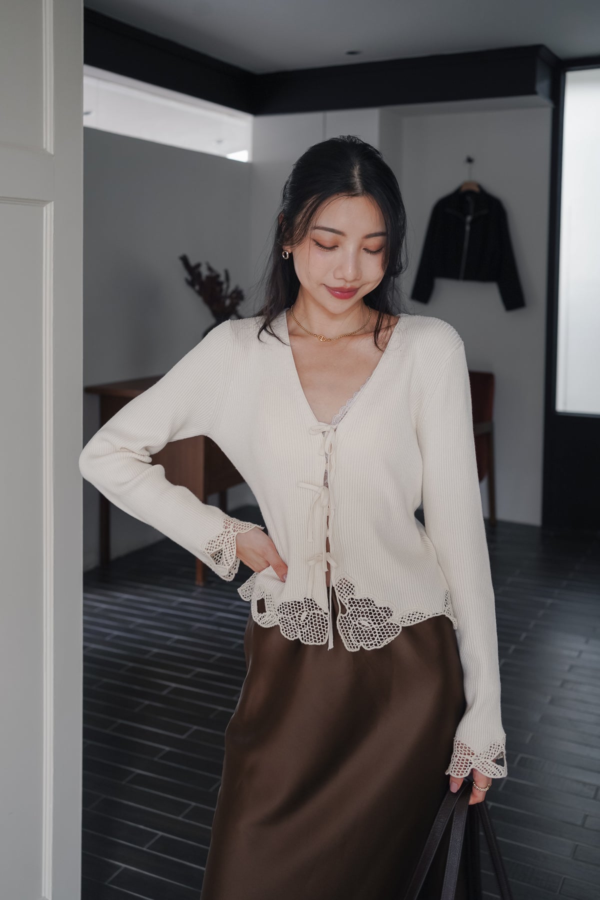 Lace-Trim Tie-Front Knit Top — Ivory, front view