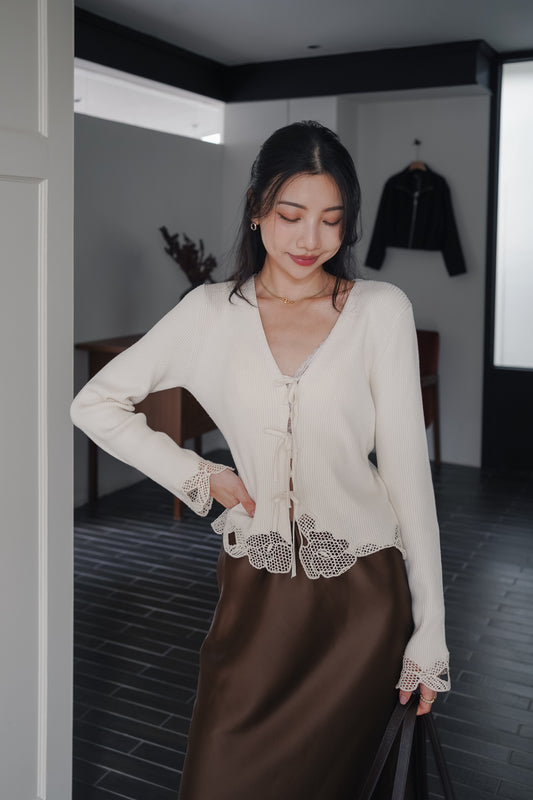 Lace-Trim Tie-Front Knit Top — Ivory, front view