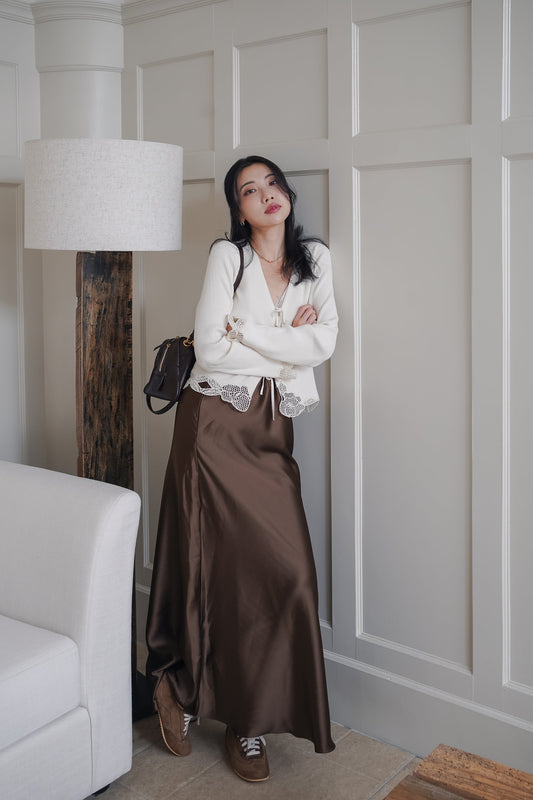 Fluid Satin Midi Skirt — Brown