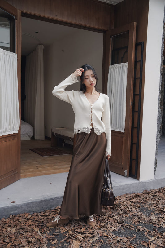 Fluid Satin Midi Skirt — Brown