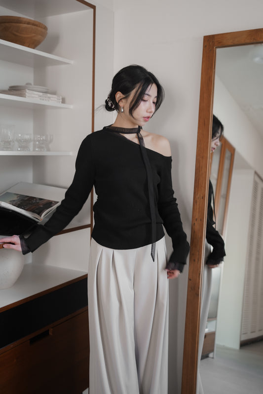 ᴊᴜʟ ꜱᴀʟᴇ 【BLACK ONLY】One Shoulder Tie Knit Top