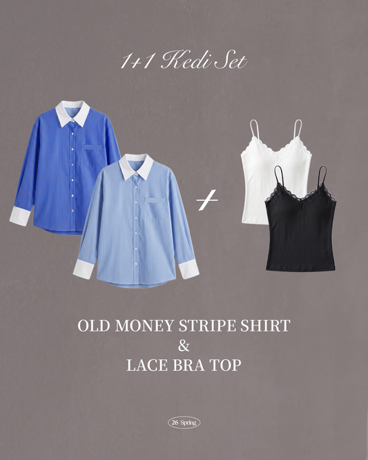 〖Kedi Best〗 Stripe Shirt & Lace Bra Top Combo Set〖原價：$870〗